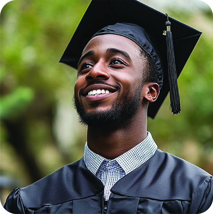 A graduate in cap and gown smiling upward