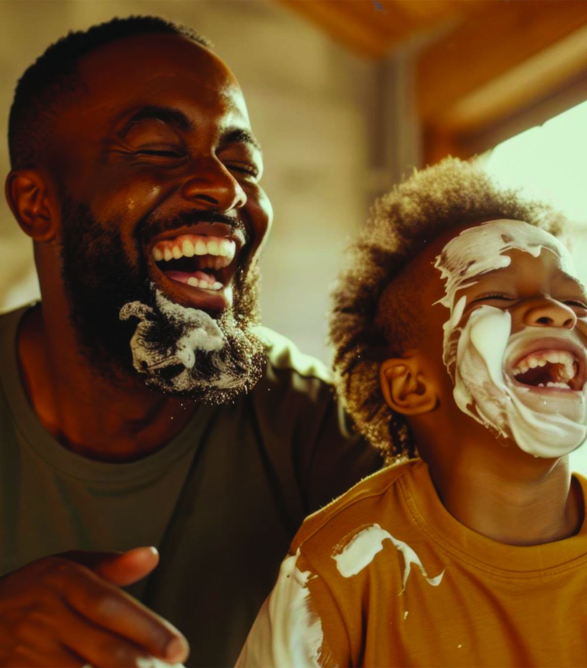 A father and son laughing together, faces covered in shaving cream